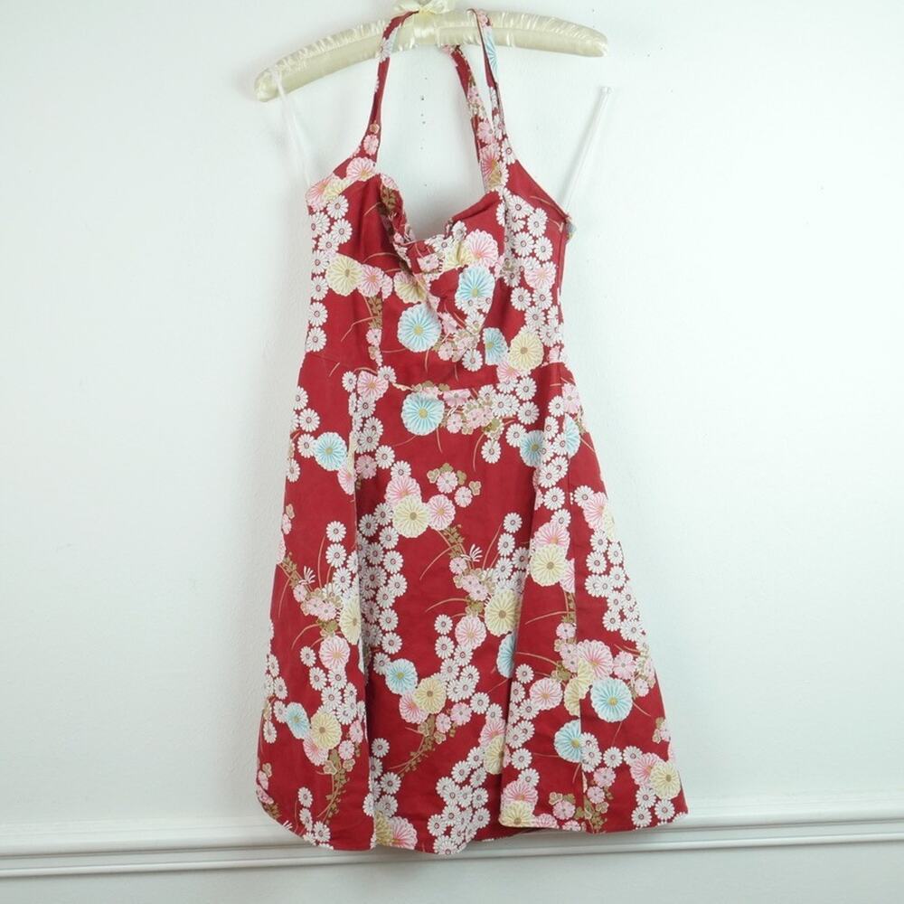 Vintage Y2K Halter Dress Sweetheart Neckline Red Asian Floral Retro Fit Flare 11